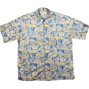 Island Republic Button Down Mens XL Blue Green Tropical Palm Leaf Camp Shirt